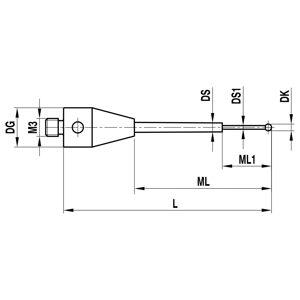 Drawing of product M3 Straight Stylus for ZEISS XXT; DK 0.6 mm; L 14.0 mm