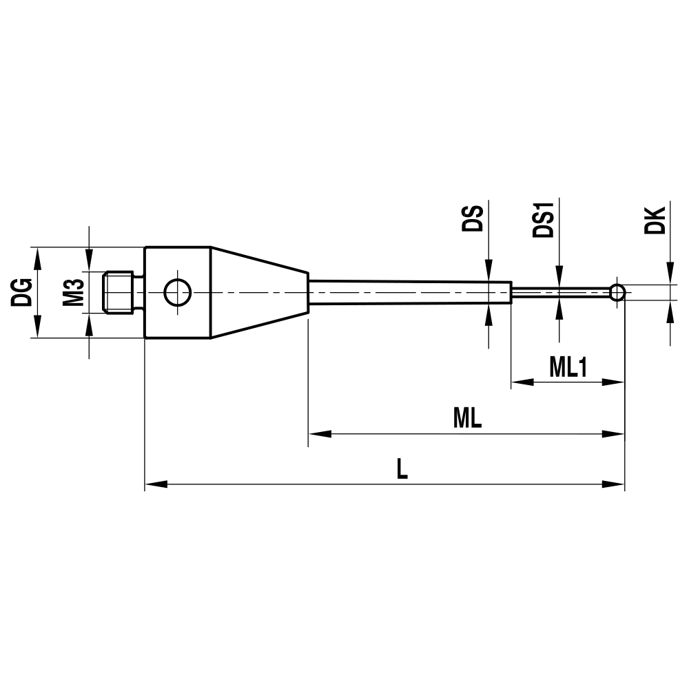 Drawing of product M3 Straight Stylus for ZEISS XXT; DK 1.0 mm; L 20.0 mm