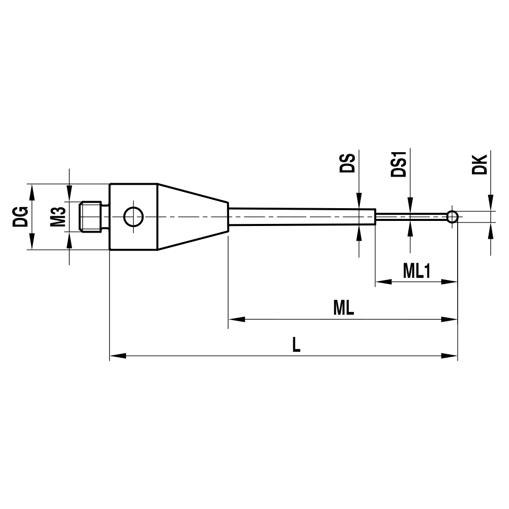 Drawing of product M3 Straight Stylus for ZEISS XXT; DK 0.5 mm; L 24.0 mm